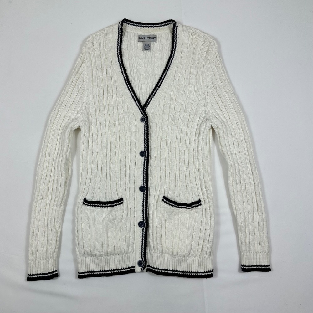 Cabin Creek White Cable Knit Cardigan Sweater Navy Blue Trim Large Cotton‎